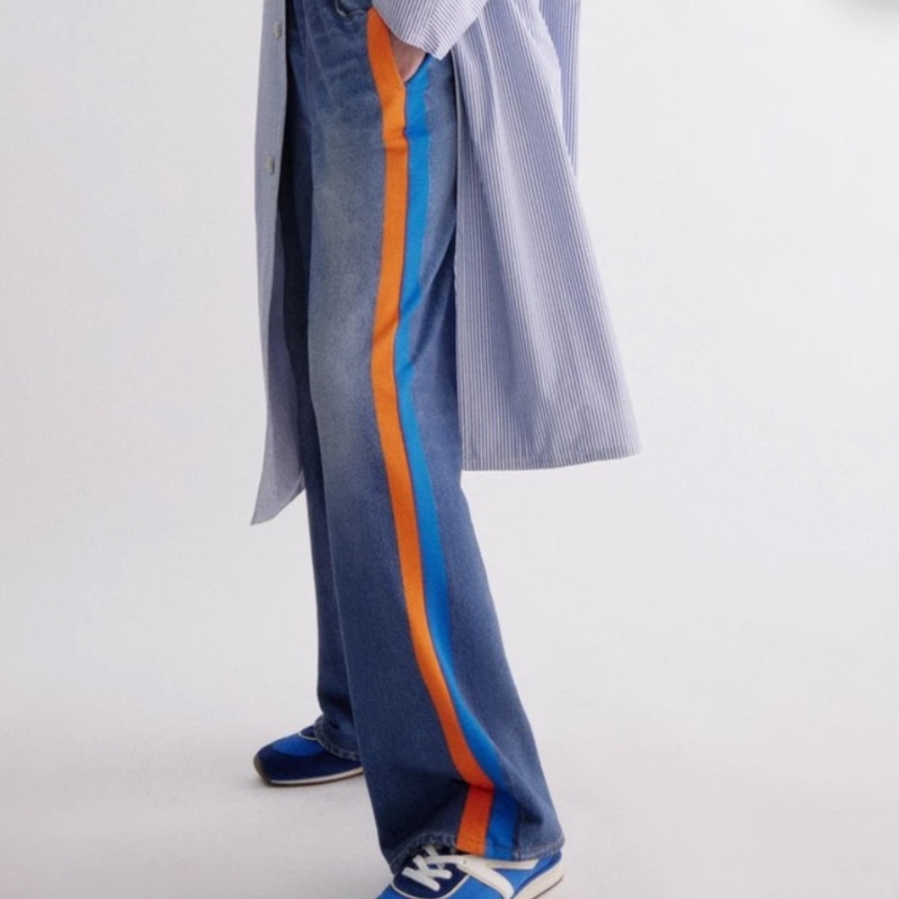 RAG & BONE Wide-Leg Denim Pants with Orange Side Stripe-Sweat Pant Jeans